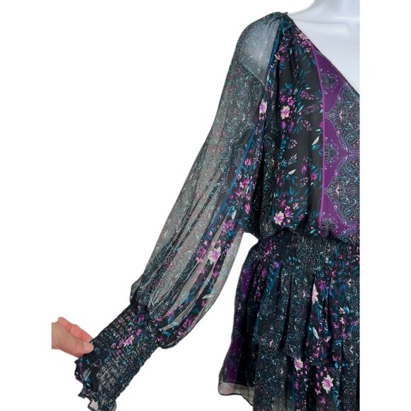 Ramy Brook Silk Ruffle Mini Dress Black Purple Paisley Floral Cocktail Boho Med - Picture 3 of 12